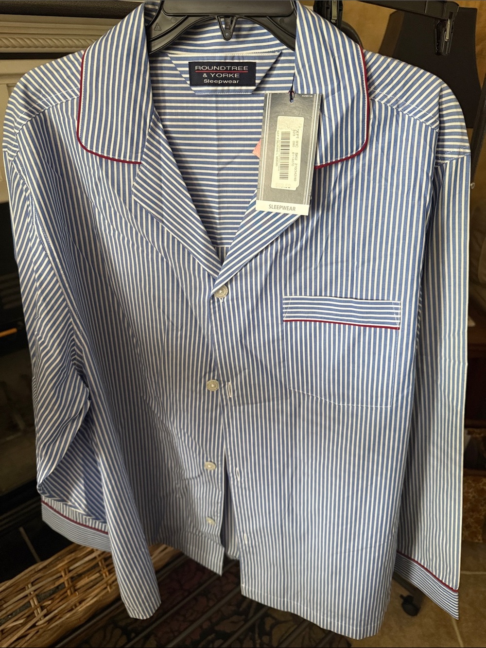 Roundtree & Yorke Blue and White Stripe Button-Front Sleep Shirt 0100